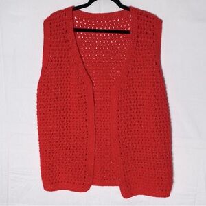 Vintage Handmade Red W Silver Metallic Threads Open Front Sweater Vest S
